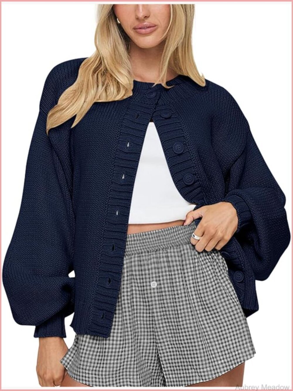 Oversized Lantern Sleeve Cardigan Sweater Button Down Chunky Knit